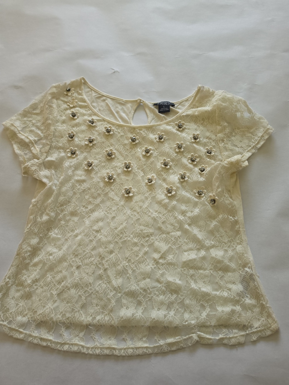 Lace Floral Embellished Short Sleeve Top - Cream